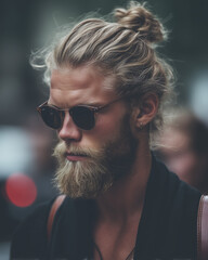 Hipster man with long beard and man bun, stylish urban background, cinematic lighting, high detail