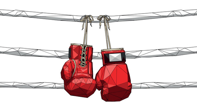 Low poly red boxing gloves hanging on ropes in geometric design