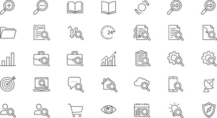 A large set of thin line icons for searching, zooming, data analysis, business, time management, documents, technology, and general interface functions.