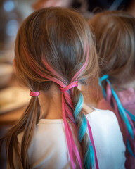 Children&rsquo;s haircut, little girl with pigtails and ribbons, playful atmosphere, bright colors, realistic photo style