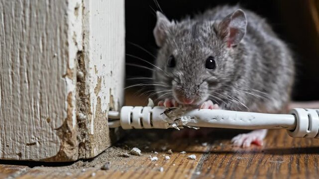 Authentic close-up of a small grey mouse aggressively biting a thick, white plastic appliance power cord against a dirty baseboard in a home setting homesetting, structuraldamage, dirty