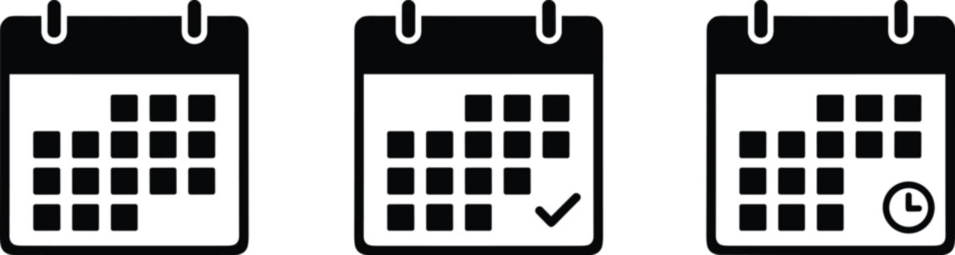 A group of three simple, modern black-and-white icons representing a calendar for scheduling events, with one showing a checkmark and another a clock symbol.