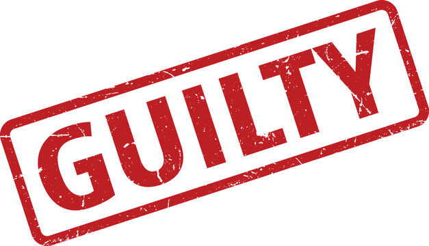 Red Guilty Rubber Stamp Impression on White Background, angled and textured, clean look