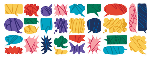 Naklejka premium Abstract Speech Bubbles set of various shapes, bubble stars, rectangular, round and geometric Speech Bubbles with a texture of lines. Creative, positive, colorful elements for social media, posters