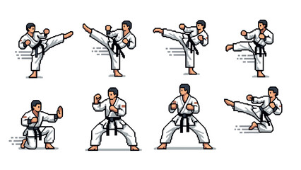 Karate practitioners performing various moves in pixel art style