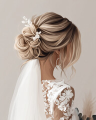 Elegant wedding hairstyle with veil and flowers, realistic bridal portrait, soft pastel tones, ultra-detailed