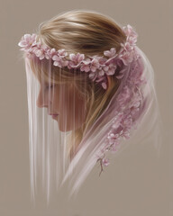 Elegant wedding hairstyle with veil and flowers, realistic bridal portrait, soft pastel tones, ultra-detailed