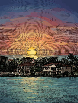 Retro woodcut landscape of a dramatic sunset with radiating lines in the sky and ocean reflection. Vintage style etched sunset view with seaside houses and calm water.