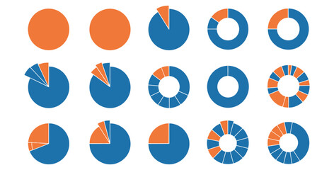 Collection of diverse blue and orange pie chart and donut chart variations for data visualization