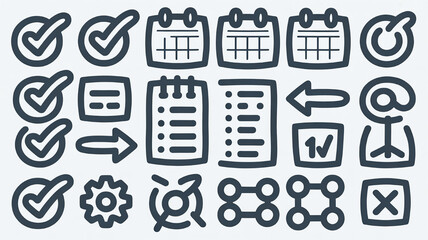 Collection of hand-drawn outline icons for task management and organization simple vector elements for UI design and productivity apps isolated on white