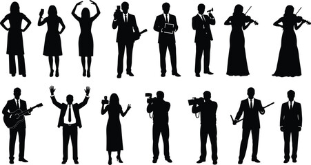 Silhouettes of diverse professionals in action, creative occupations and roles, black and white career concept illustration, teamwork theme, flat vector