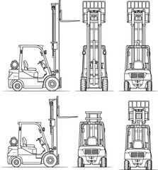 Forklift technical drawing multiple views, engineering illustration of raised and lowered forks, side front rear perspective diagram, flat vector