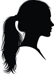 Female profile silhouette with ponytail, elegant head side view, black and white artistic identity illustration, hairstyle concept, flat vector