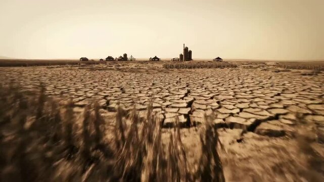 Desolate cracked earth and dying crops illustrate severe drought threatening a distant rural farm community