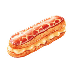 Eclair illustrated in isometric watercolor style, isolated on white.