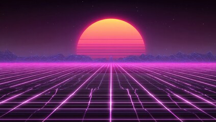 Retro sunset over gridded horizon, with mountains under starry night sky