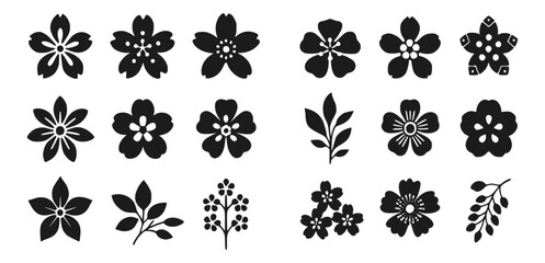 花やブロッサムをモチーフにしたシンプルなベクターアイコン素材。シルエット表現とモノクロデザインにより、ピクトグラムや装飾要素として幅広く使用できます。