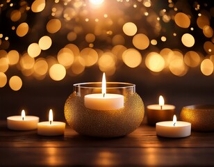 burning candles with golden bokeh lights creating warm peaceful atmosphere