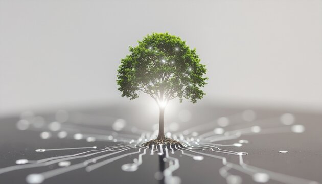 未来の技術イメージの木、自然と科学テクノロジーの融合, Futuristic technology tree, fusion of nature and science
