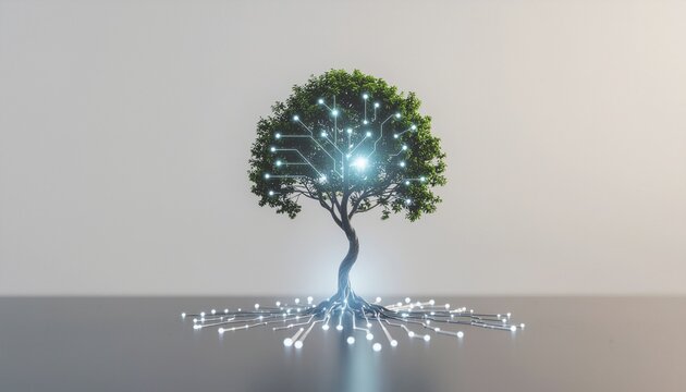 未来の技術イメージの木、自然と科学テクノロジーの融合, Futuristic technology tree, fusion of nature and science
