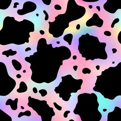 Abstract cow rainbow seamless pattern. Vector animal skin print, cute black dalmatian spots on holographic background. Natural stylized spotted foil texture for textile, fabric, decor, cover, wrapping