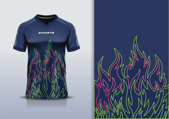 T-shirt mockup abstract fire flame sport line art jersey design for football, soccer, racing, esports, running, in green pink blue navy color © Nimpuna O