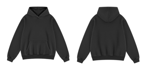 Blank Black Oversized Hoodie Mockup Front and Back Views on Transparent
