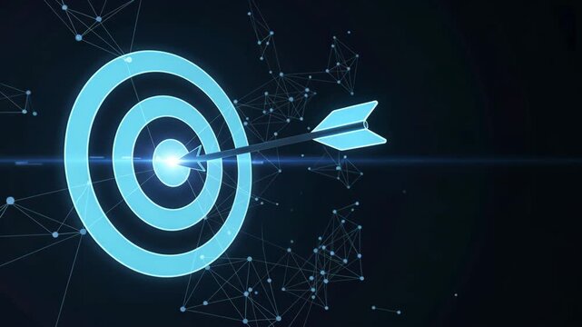 A neon blue target with arrow glowing in dark space, symbolizing precision, focus, success, and social media networking and communication