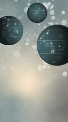 Green Holidays Ornaments. Winter holidays illustration with green ornaments and clear pastel color space to insert Christmas greetings or promotional text. Vertical resolution.