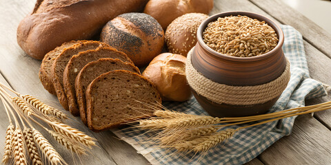 Homemade whole grain breads & slices on wooden surface with a few spikelets of wheat and a pot filled with wheat. Healthy food.