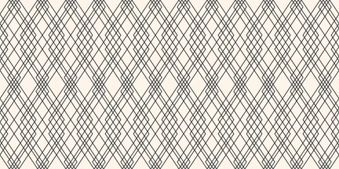 Naklejka premium Black and white geometric line pattern. Vector linear seamless ornament with grid, thin lines, lattice. Abstract minimal outline background. Monochrome texture. Repeating geo design for decor, print