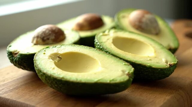 Avocado halves on wooden board in soft window light, close up