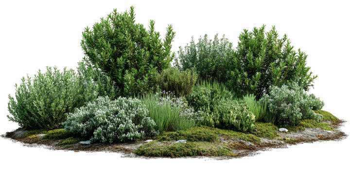 A cluster of various green bushes and plants on a small mossy hill, isolated on black