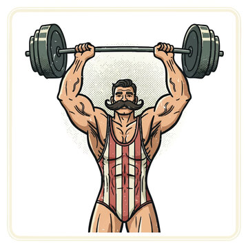 A vintage strongman illustration in a flat 2D style is expertly lifting a heavy barbell over his head, demonstrating immense physical strength on a clean white background.