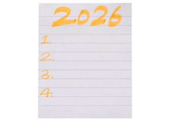2026 goals list on transparent background. New year resolutions 2026 on white paper,New Year planning and resolution, goals, action, checklist, expectations concept.to do list on lined