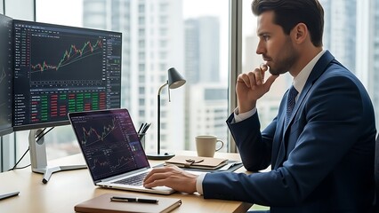 Focused businessman analyzing stock market data on multiple screens in a modern office.
