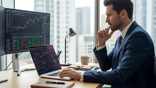 Focused businessman analyzing stock market data on multiple screens in a modern office. - Powered by Adobe