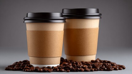 Two disposable coffee cups with brown sleeves placed on a bed of roasted coffee beans, showcasing a warm and inviting coffee shop atmosphere for beverage lovers