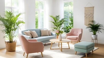 Fototapeta premium Cozy living room with plants and pastel furniture