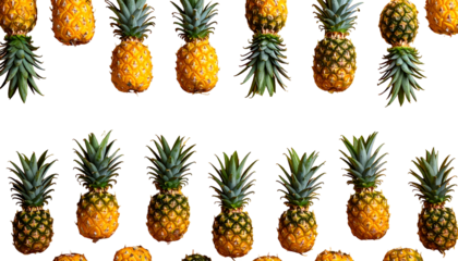 Repeating rows of ripe pineapples, cut out against a stark black background