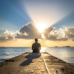 Man sits at the end of concrete pier at sea, gazing at sunlight breaking through clouds