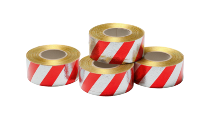 Four rolls of safety tape featuring diagonal red and silver stripes, isolated on black