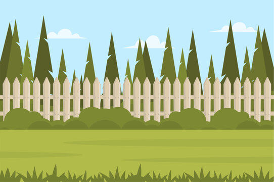 Back yard with green lawn, fence and trees. Outdoor cartoon backyard background in flat style. Vector stock