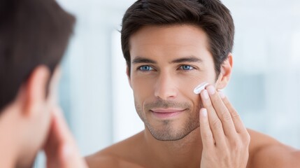 Handsome man with short dark hair applying moisturizer to his face in a bright bathroom mirror, showcasing skincare routine and self-care practices for healthy skin