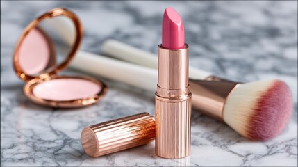 Pink lipstick tube stands prominently on a marble surface, surrounded by makeup brushes and compact mirrors, showcasing beauty products for a glamorous aesthetic