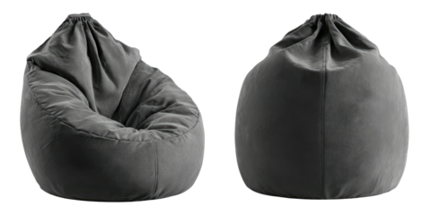 Gray beanbag chair, shown in two views, isolated against a black background
