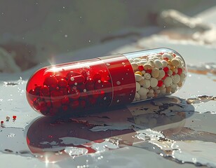 Large, clear capsule with red and white beads rests on a metallic, reflective surface with soft light