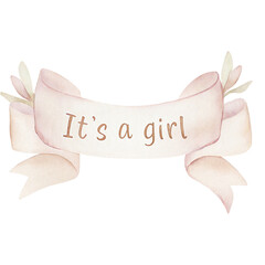 Watercolor baby girl announcement ribbon banner with soft pastel florals