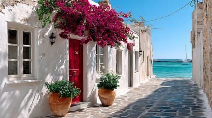 Charming coastal alleyway adorned with vibrant bougainvillea, featuring whitewashed buildings and a striking red door, leading to serene turquoise waters and a peaceful atmosphere