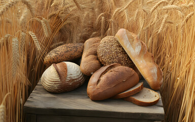 Whole grain breads on wooden table in wheat field with spikelets. Healthy food.
